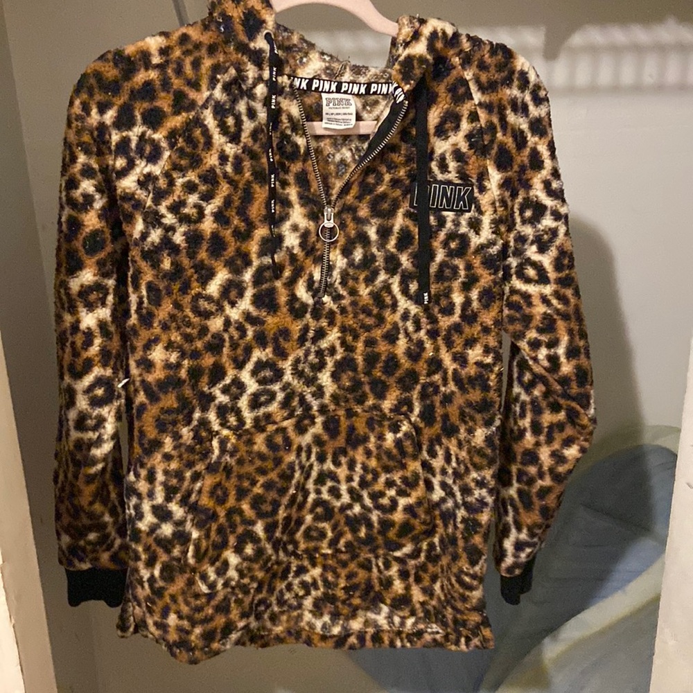 VICTORIAS SECRET PINK SHERPA HOODIE BOYFRIEND LEOPARD PRINT HALF ZIP PULLOVER XS